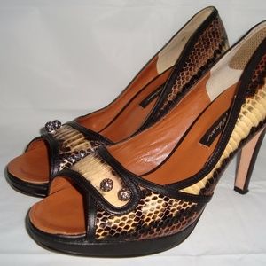 Beverly Feldman Snakeskin Peep Toe Pumps 9